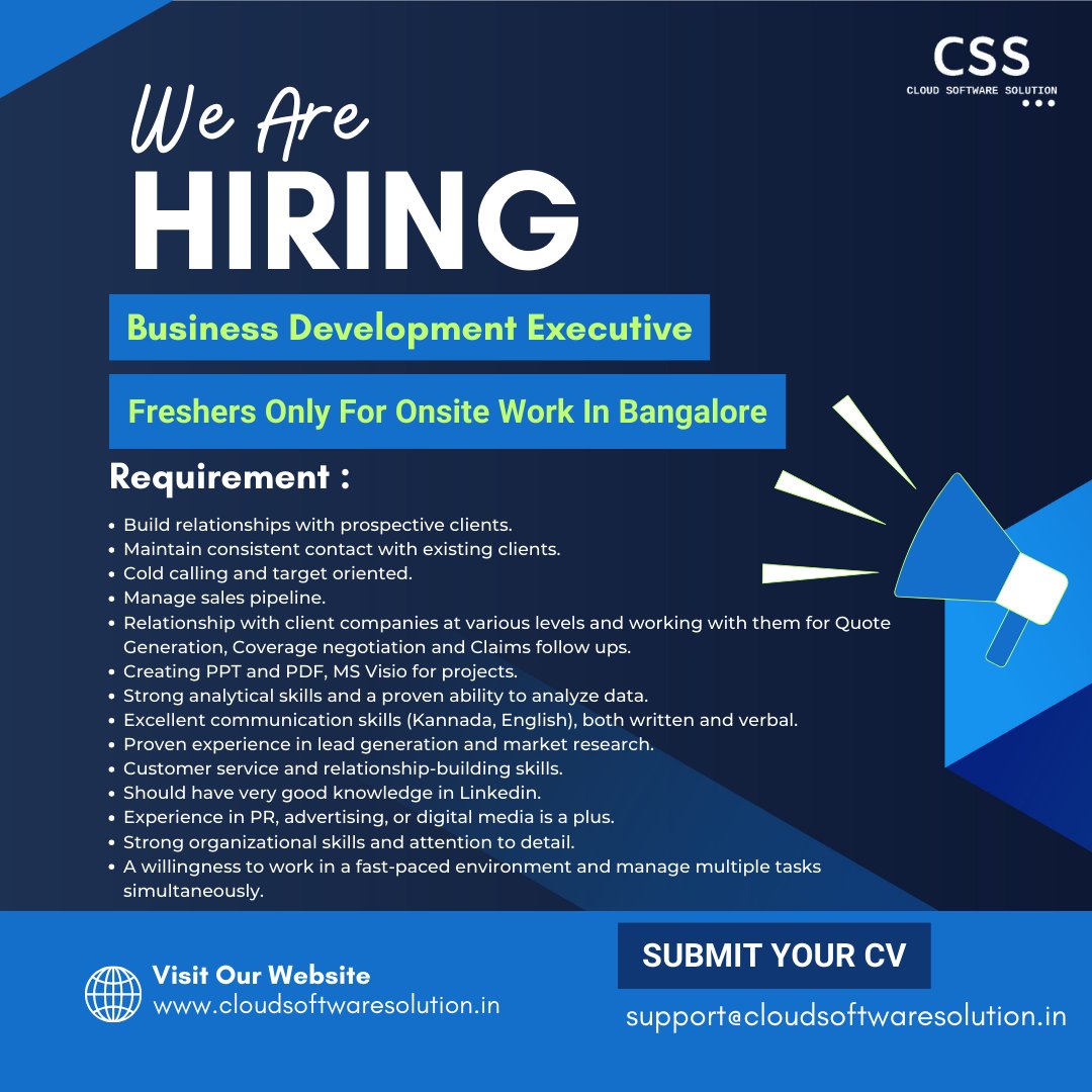 We are hiring for Business Development Executive
Contact us:-
Our Website:- cloudsoftwaresolution.in
E-mail:- support@cloudsoftwaresolution.in
#webdevelopmentcompany #webdevelopmentagency #webdevelopmentservice