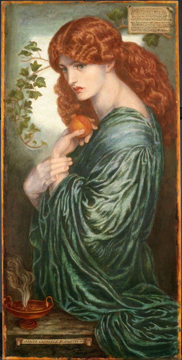 Proserpine (1882) by Dante Gabriel Rossetti (English artist, lived 1828–1882). Here as as Empress of Hades after she was taken by Pluto to his realm. The pomegranate signifies captivity and marriage, the incense-burner the attribute of a goddess. #PreRaphaelite