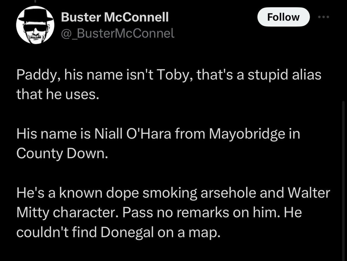 This man Paul Tuffy doxxed my name and location.

Since then I’ve been followed home twice been threatened in the street and had the PSNI at my door. 

Paul put my family in danger and that I cannot forgive.

He is now claiming it have others addresses and numbers. 

Buster…