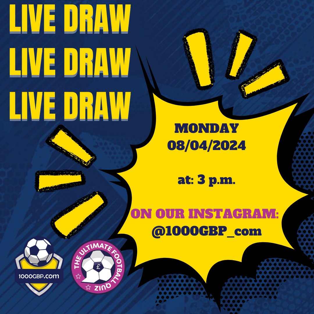 🎉 Tune in at 3 PM today on our Instagram (instagram.com/1000_gbp/) for the Matchday Monday live draw! 🏆 Join us as we announce the lucky winner of today's competition! Don't miss out on the excitement! ⚽ #MatchdayMonday #LiveDraw #WinBig #WinCash #Football #NonLeague…