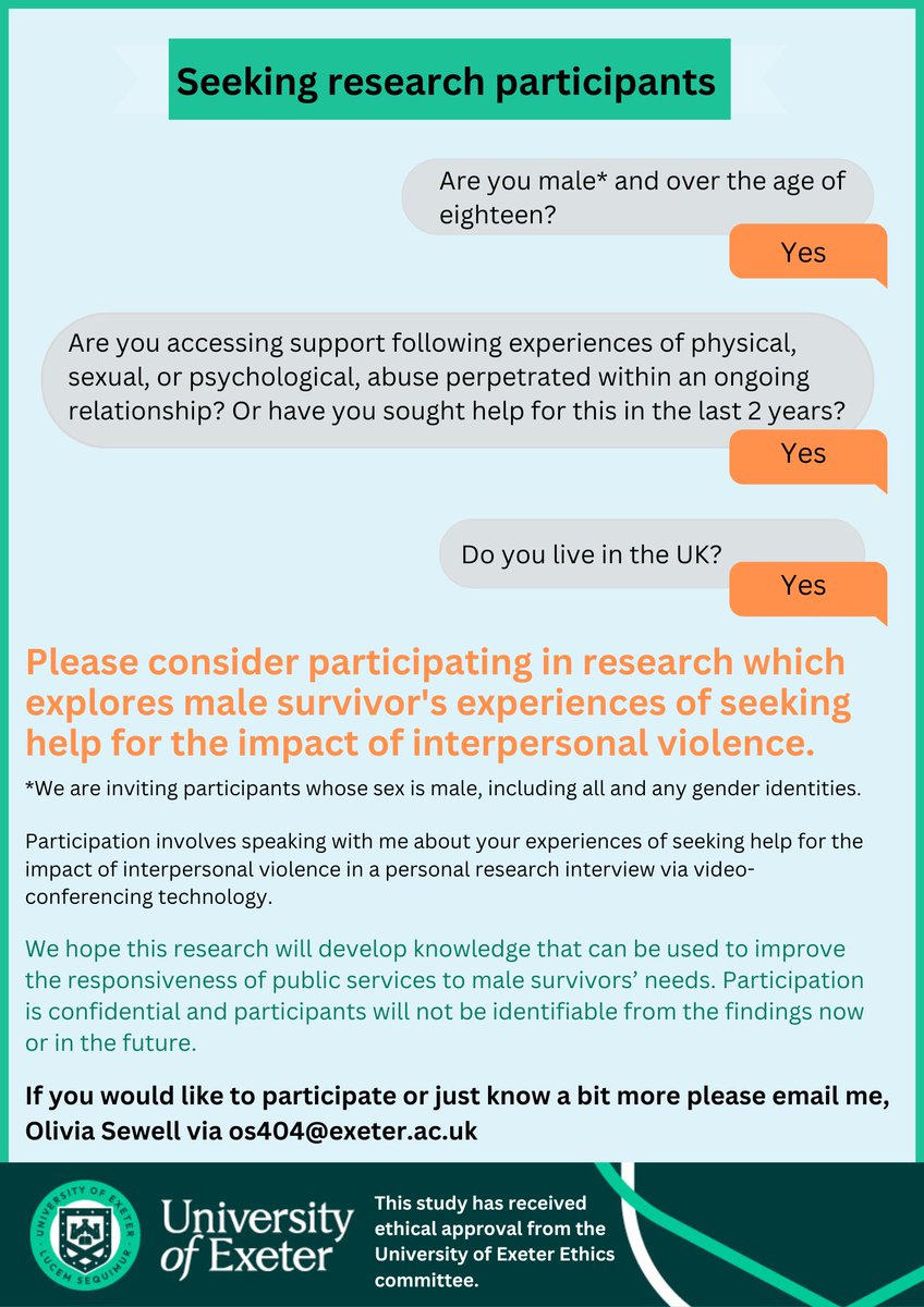 I am still seeking participants. Please consider participating if you are eligible.   

Thank you to everyone who has supported - please keep sharing  #Research #Male #Men #MaleSurvivor