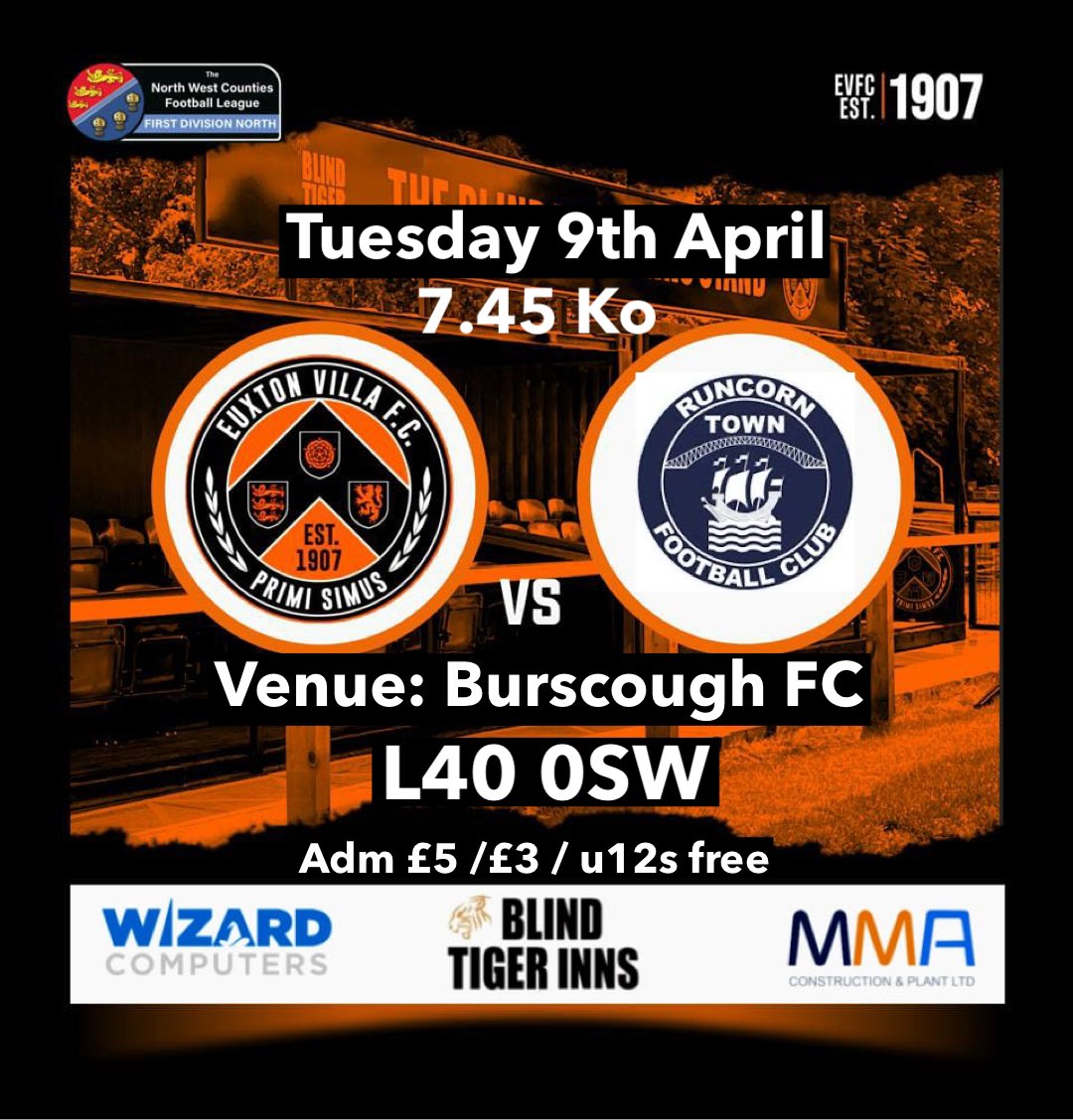 EuxtonVillaFC's tweet photo. IMPORTANT VENUE CHANGE 
Tue nights crucial penultimate lge fixture v @RuncornTown now moved to the home of @BurscoughFC1946 to ensure the game goes ahead. Thanks to @nwcfl and both clubs for agreeing the move as pitch work is well underway at Villa
All support is very welcome https://t.co/MUTJ2G8M5M