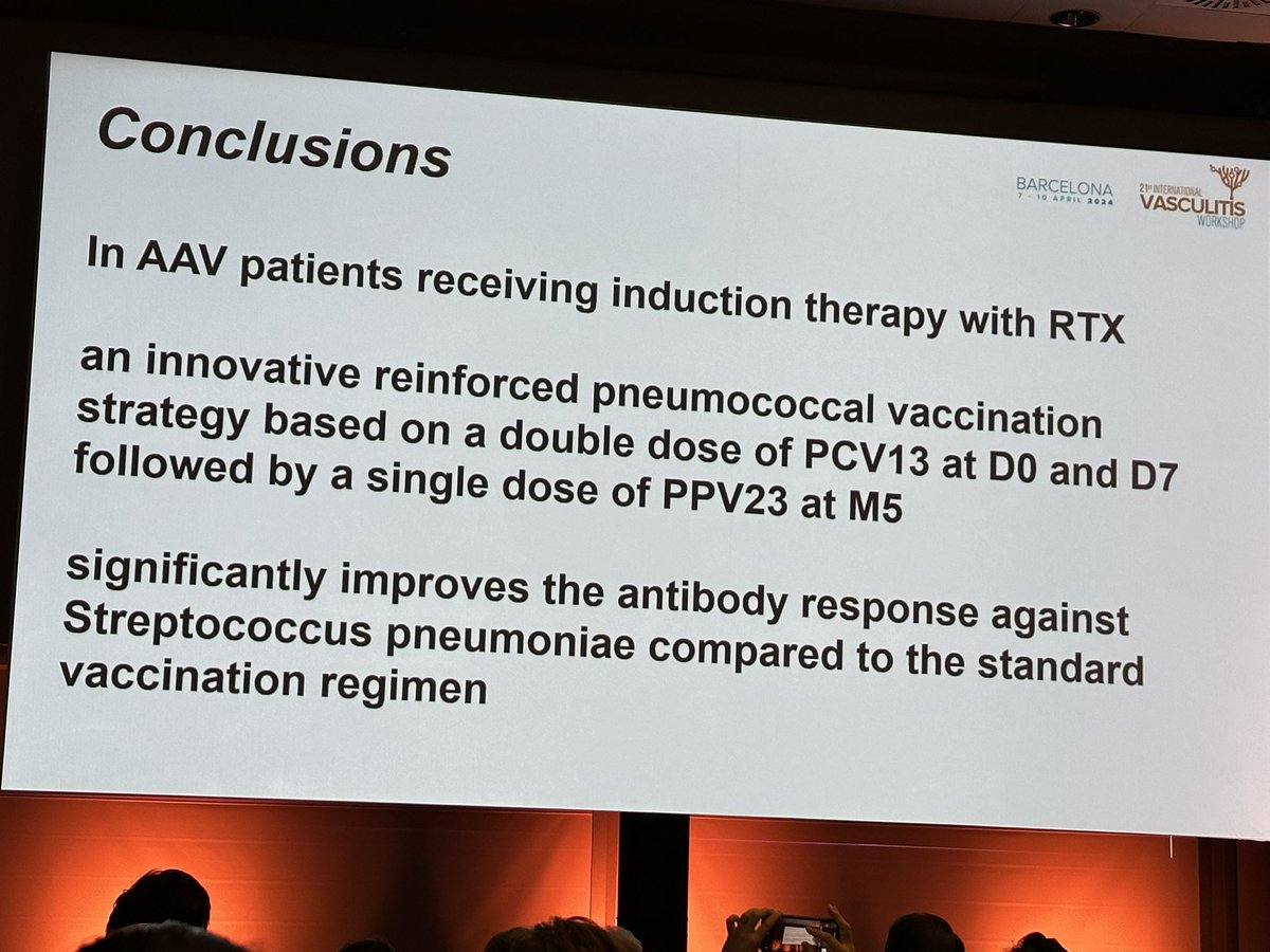 MaineAnjouReg's tweet photo. Reinforced anti-pneumococcal vaccination in #anca vasculitis (#FVSG PNEUMOVAS trial): better response to pneumococcal serotype (especially Arm2) and acceptable safety profil. Looking for the long term infection data now 🤞🏻. @TerrierBen #vasculitisBCN2024 https://t.co/5ZNvmORj3X