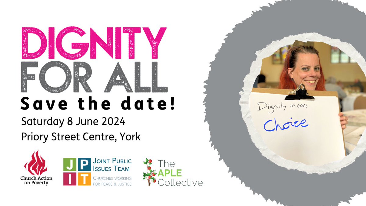 SAVE THE DATE. The #DignityForAll conference 2024 has been confirmed! Join us on Sat 8 Jun in York for a day of discussion and action around the themes of dignity and Poverty. #LetsEndPoverty together. Sign up for updates: church-poverty.org.uk/Conference/