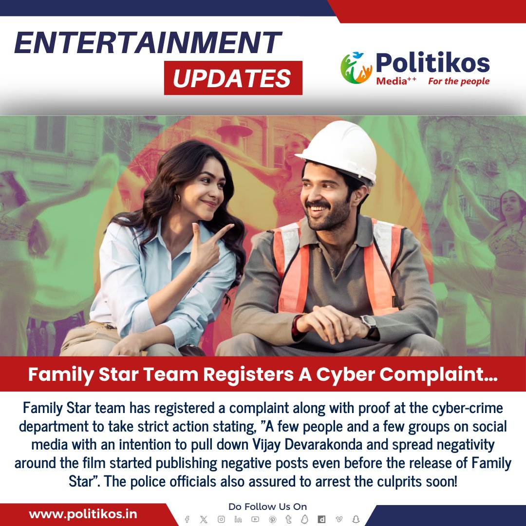 Family Star Team Registers A Cyber Complaint…
#Politikos
#politikosentertainment
#Familystar
#Familystarmovie
#Movieteam
#VijayDevarakonda
#Dilraju
#MrunalThakur
#Parusuram
#Cybercomplaint
#socialmediaaccounts
#Vijaydevarakondafans
#Vijaydevrakondafanclub