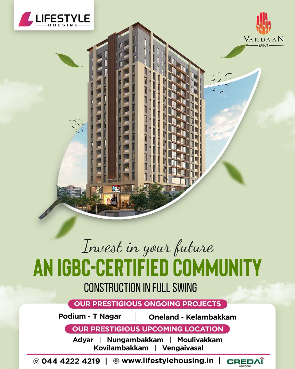 Your dream home awaits in Chennai!

IGBC-certified community at Vardaan Luxurious apartments under construction. Metro access, comfort & convenience. Move in soon!

#Lifestylehousing #Vardaan #Mint #IGBCcertified #GreenBuilding #SustainableCommunity #EcoFriendlyLiving