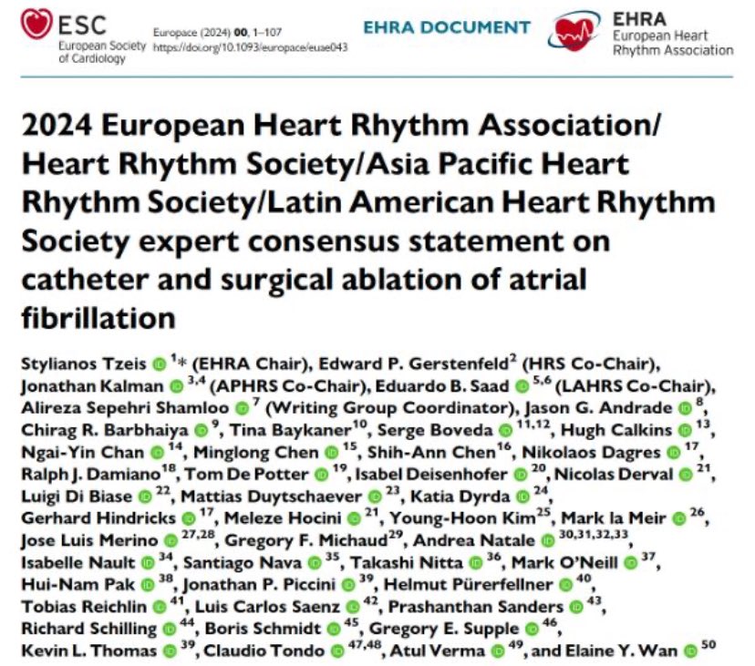 ‼️ 2024 Expert consensus statement on catheter and surgical ablation of atrial fibrillation 🎤presented @ #EHRA2024 👍online #EUROPACE @ESCJournal lnkd.in/eyPMJDJC @AGEP_DGK @EHRAPresident @angelo