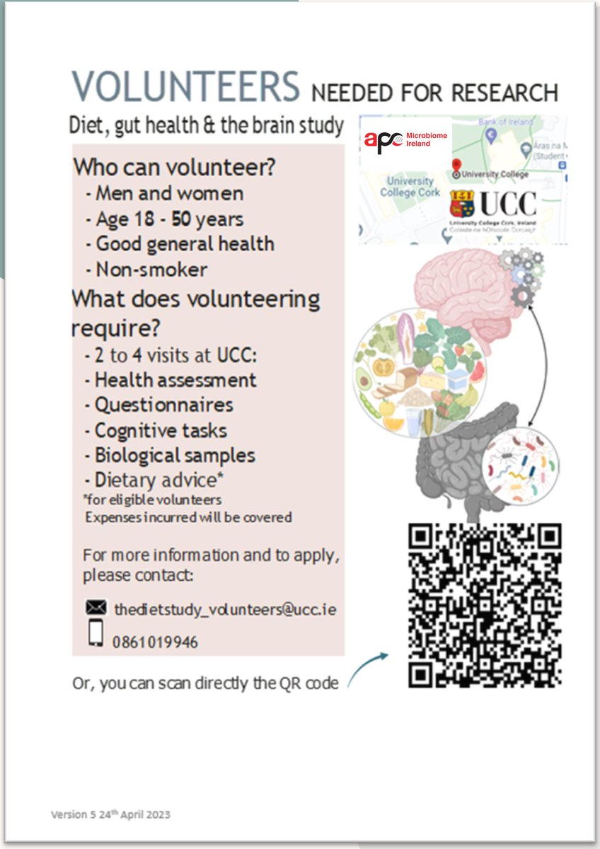 Are you interested in how diet affects your gut health and wellbeing? Now recruiting participants for a research study at APC, @UCC . If you are interested, please email the dietstudy_volunteers@ucc.ie for more information.