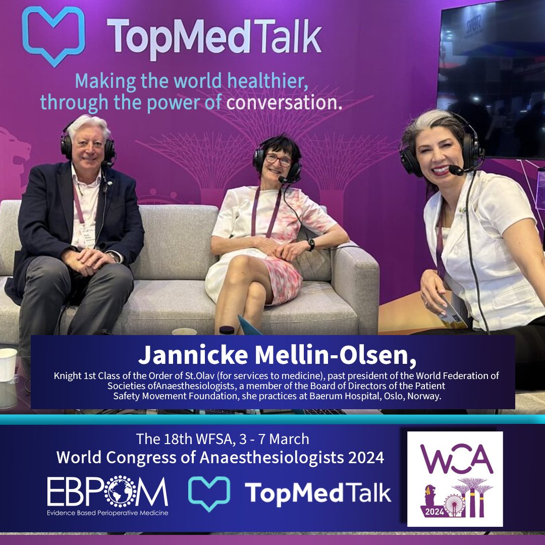 TopMedTalks to … Jannicke Mellin-Olsen | WCA 2024 🎧 topmedtalk.com/podcasts/topme… Desirée Chappell, and Monty Mythen speak with Jannicke Mellin-Olsen on improving anesthesia care globally and standardisation in anaesthesiology. @jmellinolsen #WCA2024 #TopMedTalK