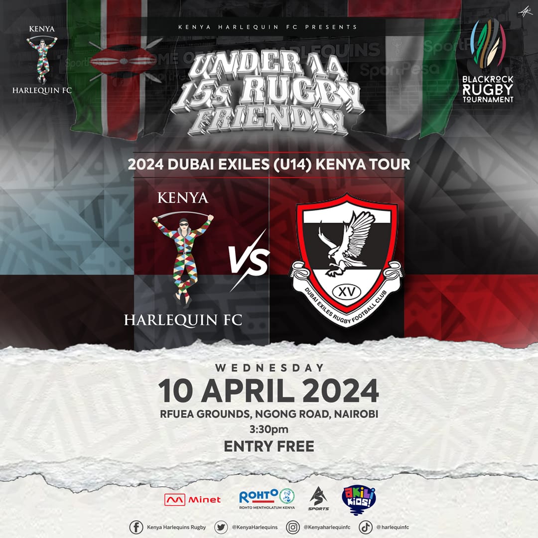 Get ready this Wednesday for the ultimate international U14 Rugby at RFUEA Grounds @KenyaHarlequins and @DubaiExiles Entry is free #AgeGradeRugby #DubaiExiles #quinsbef2024 #quinsculture #sss