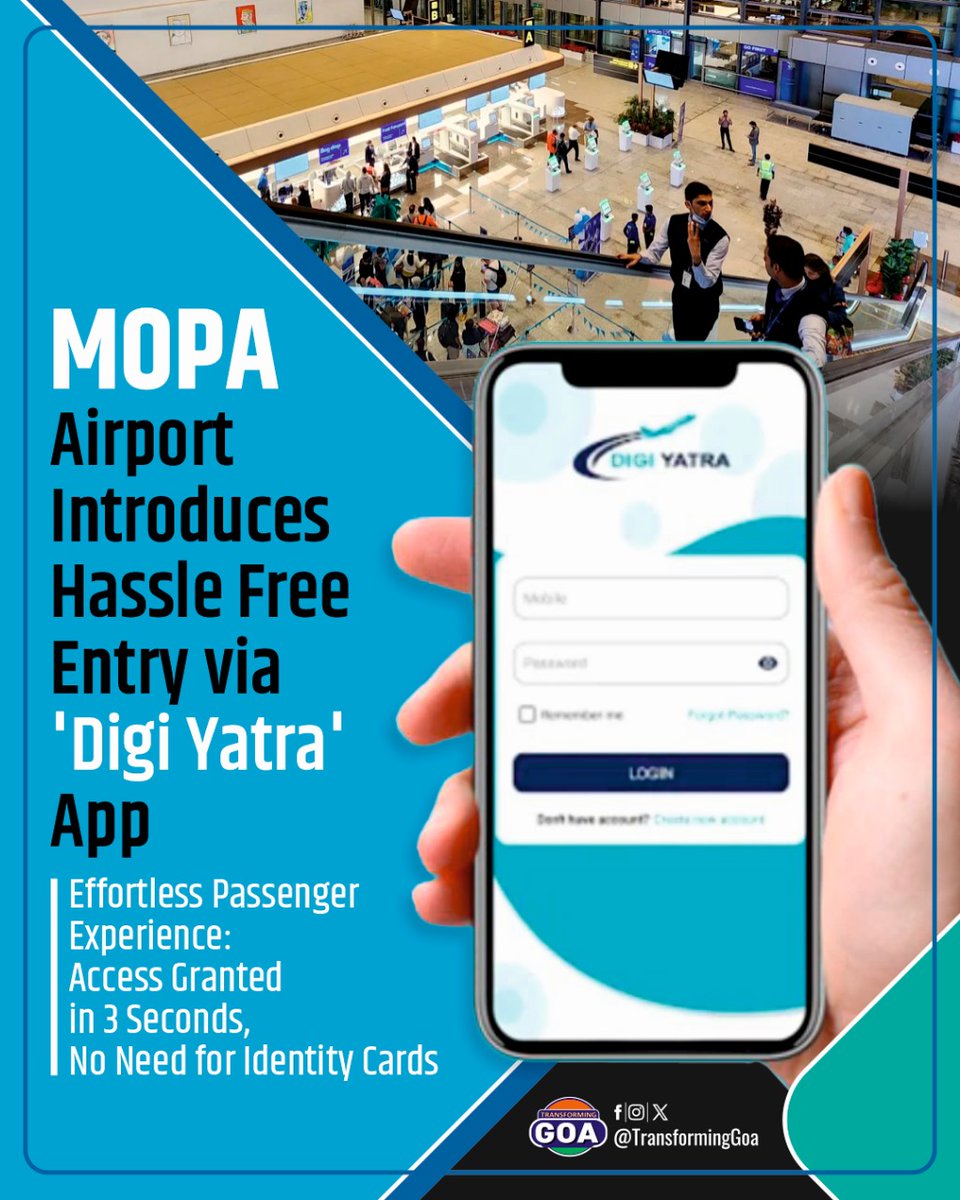 MOPA Airport Introduces Hassle Free Entry via 'Digi Yatra' App

#goa #GoaGovernment #TransformingGoa #facebookpost #bjym #bjymgoa
#MOPAAirport #DigiYatra #EffortlessTravel #StreamlinedEntry #PassengerExperience #NoIdentityCards #FastEntry #AirportInnovation