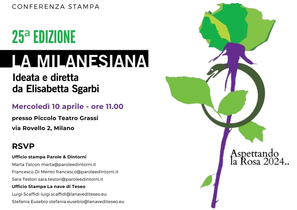 Vi aspetto mercoledì 10 aprile al @Piccolo_Teatro Grassi di Milano (via Rovello 2), alle ore 11, per la conferenza stampa di presentazione della venticinquesima edizione de @LaMilanesiana.