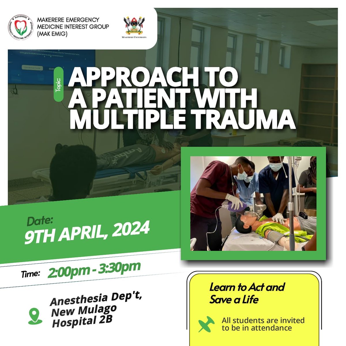 Calling all medical students to join us tomorrow for a hands-on skills session with the @EMInterestMak See you there! #Trauma #Training