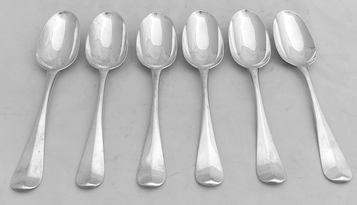 A set of six George II silver Hanoverian pattern tablespoons. Hallmarked for London 1731 by Richard Scarlett. #silver #spoons