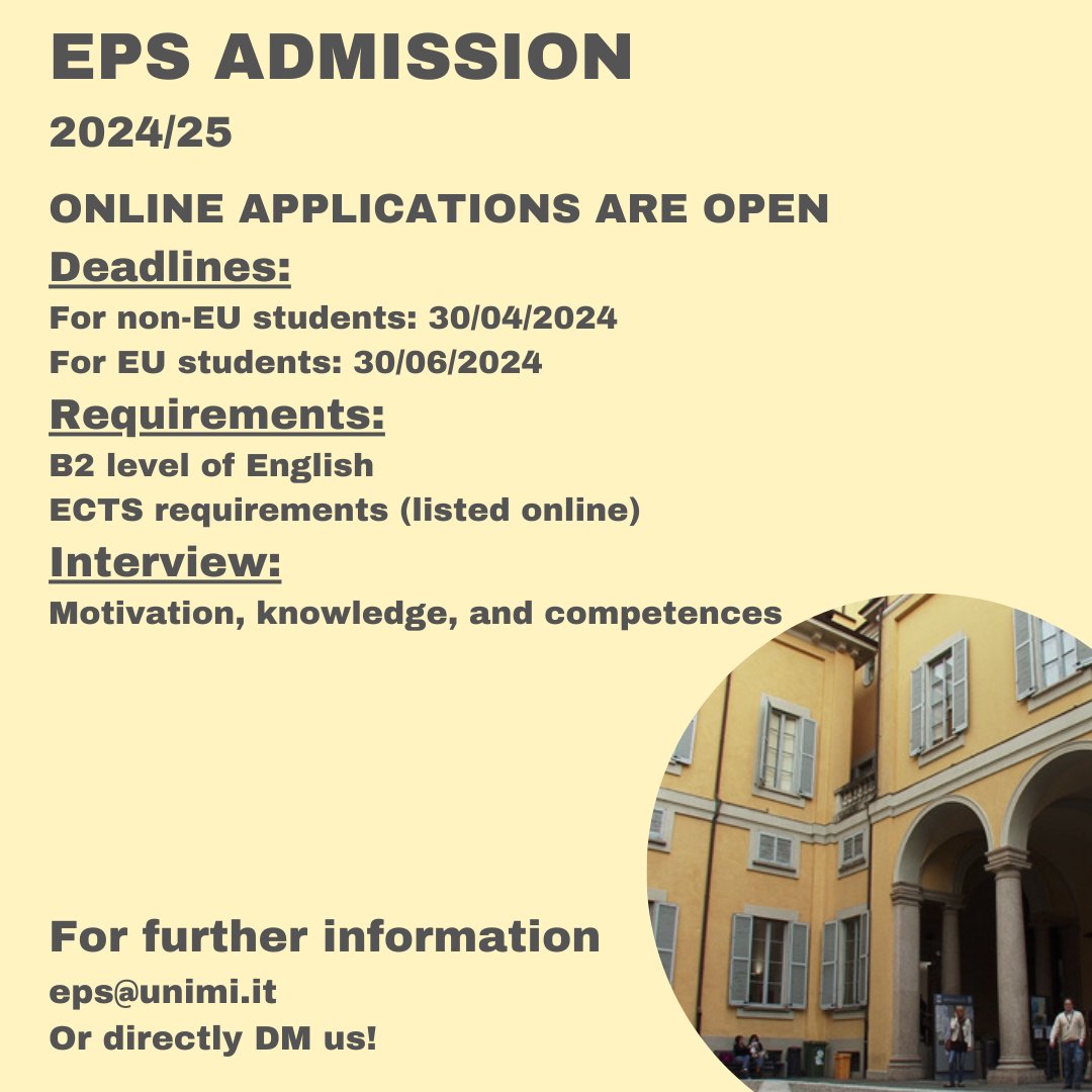 📣📣 Online applications for #EPS admission 2024/25 are open. Watch out for the deadlines! ⏳️ Visit EPS website for further information. You can also contact us here in DM! Otherwise, reach out us by email. If you're in Milano, come to visit us in Via Conservatorio 7.