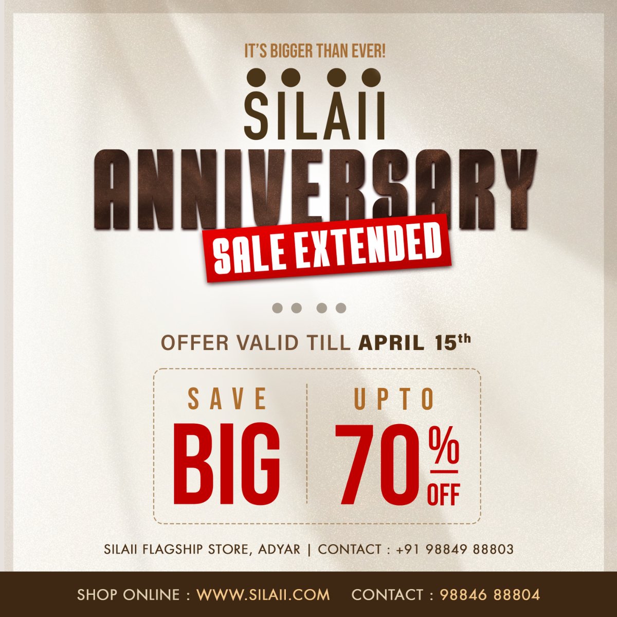 Great news! The SILAII anniversary sale is now extended until April 15th! 🌟 Get up to 70% off on sculptures. Don't miss out – shop now! 🛍️💫 #SILAII #AnniversarySale #HomeDecor #AdyarStore #OnlineShopping #SILAIIArt #Collectables #Gifting #SILAIIAnniversarySale #Sculpture #Sale