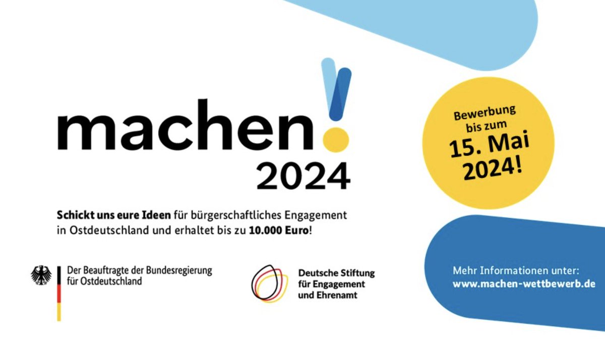 Der Engagement-Wettbewerb „machen!2024“ geht in die nächste Runde, um Engagement in Ostdeutschland zu würdigen! Mit Carsten Schneider (@Ostbeauftragter) suchen wir die besten Ideen bei euch vor Ort. Bewerbt euch bis zum 15. Mai unter machen-wettbewerb.de