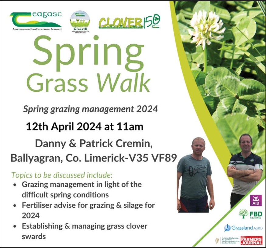 Join us for a Spring Grazing Management Farm Walk on Friday 12th April from 11am on the farm of Danny & Patrick Cremin, Ballyagran, Limerick, V35 VF89 Find out more at teagasc.ie/cloverwalks @TeagascGrass10