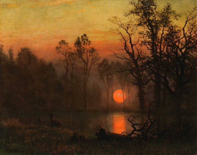 🎨Albert Bierstadt (1830–1902, German-born American painter best known for his lavish, sweeping landscapes of the American West) - Sunset over the plains
