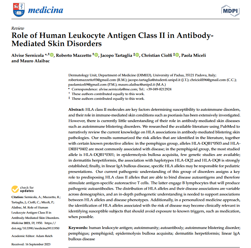 #mdpiMedicina #TopCitedPaper 📢 Role of Human #Leukocyte Antigen Class II in Antibody-Mediated #Skin #Disorders ✍️By Alvise Sernicola et al. 👉mdpi.com/1648-9144/59/1… #dermatology