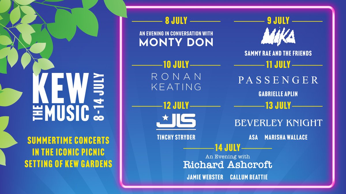 🌻 Full line-up for @kewthemusic confirmed! 🎤 Additional support acts announced: @marishawallace will open for @Beverleyknight. @SammyRaeMusic & The Friends will open for @mikasounds. 🎫 Enjoy a picnic concert in the beautiful Kew Gardens this July > bit.ly/43L22JQ