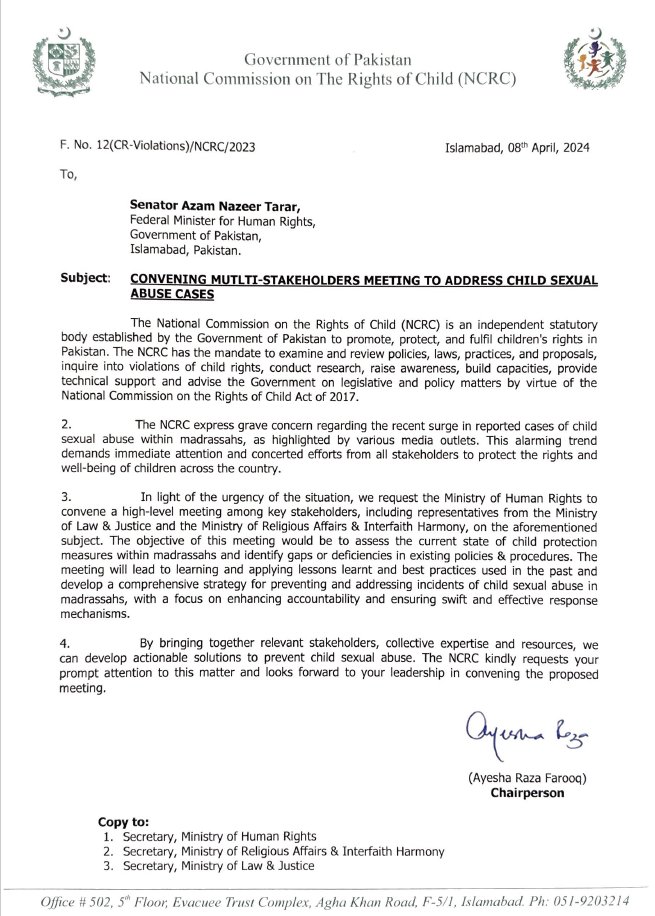 In the wake of rising reported incidents of child sexual abuse in Madrassahs and religious seminaries, the @NCRC_Pakistan has written to the @mohrpakistan to play a lead role in convening a high-level meeting among key stakeholders, including representatives from the Ministry of…