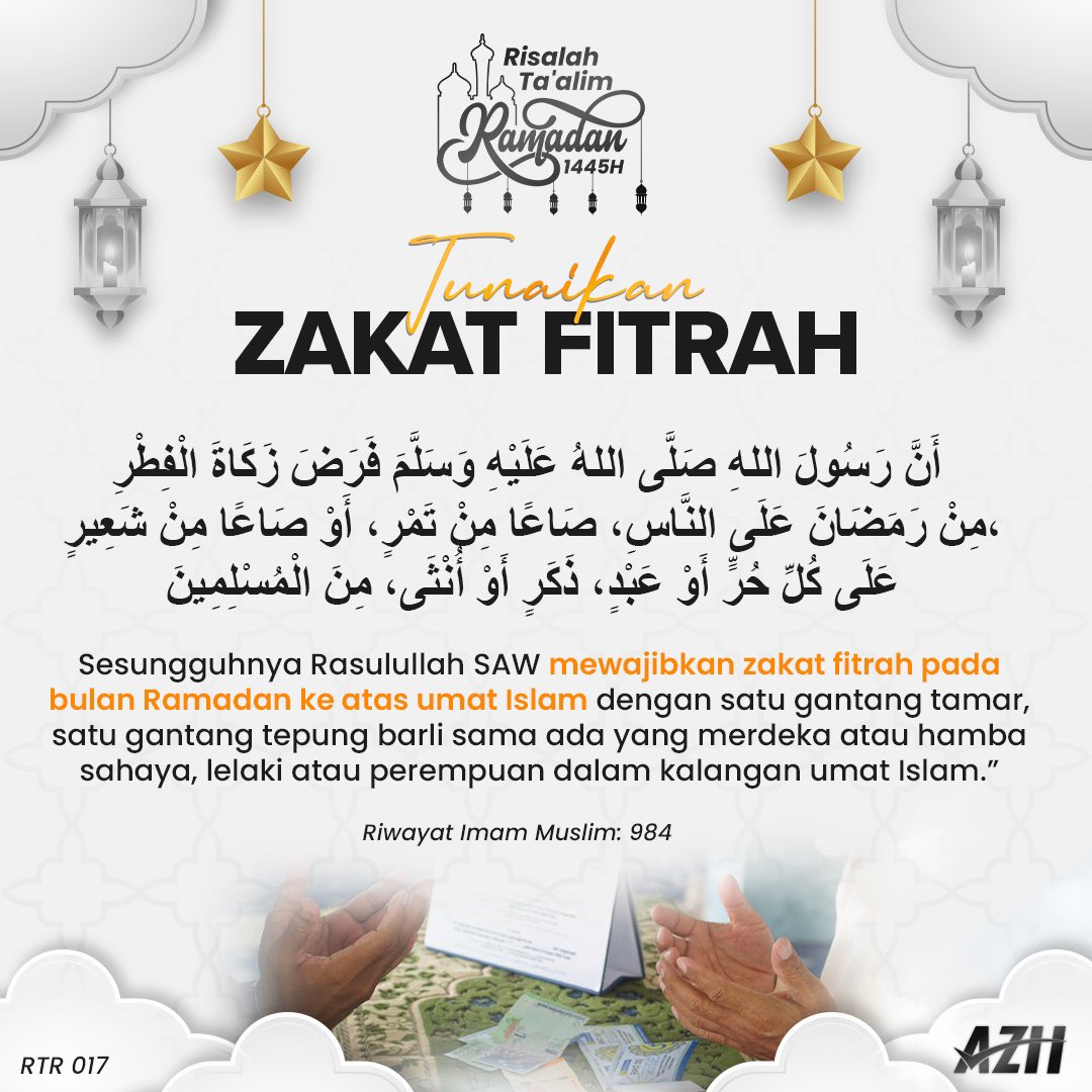 RISALAH TAALIM RAMADAN: TUNAIKANLAH ZAKAT Syawal bakal menjelma dan Ramadan akan pergi meninggalkan kita semua sedikit masa lagi. Meskipun masa seakan pantas berlalu, namun satu perkara yang jangan sesekali kita lupa adalah menunaikan zakat fitrah. Zakat fitrah hukumnya adalah…