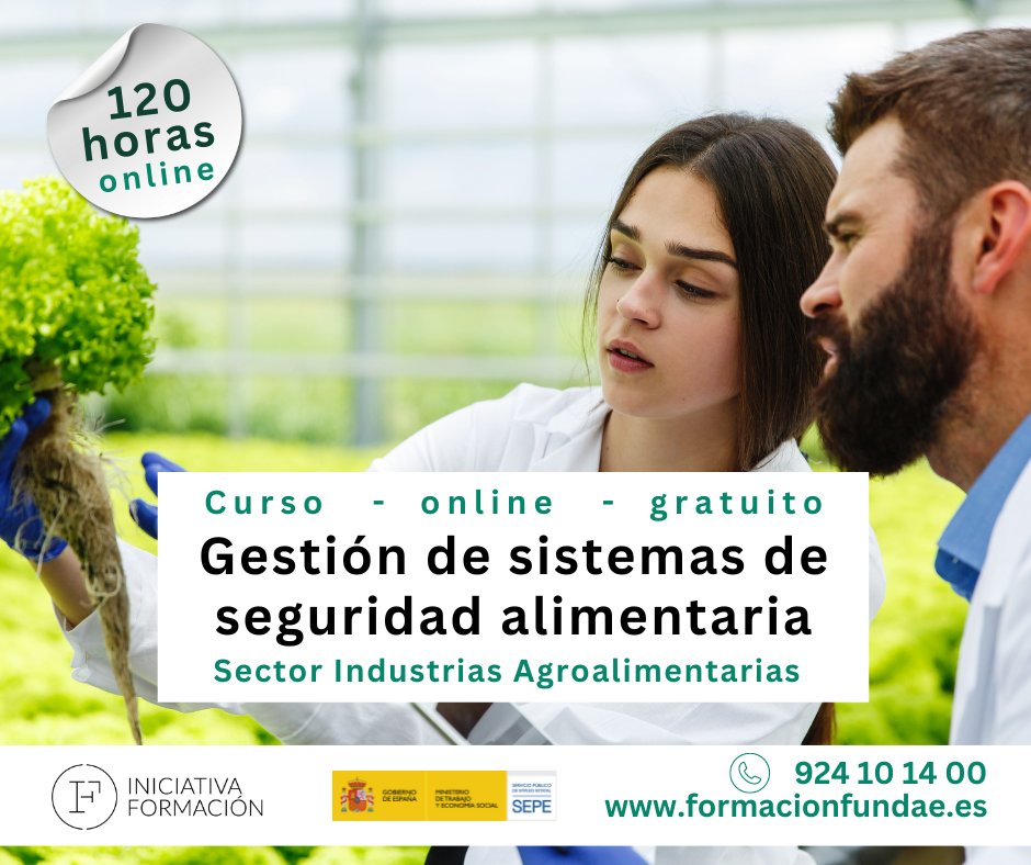 ¡Apúntate, empezamos esta semana!👇
Curso Gestión de sistemas de seguridad alimentaria. 
120 horas de formación online, gratuita y oficial.
Inscripción: bit.ly/inscripcion_IF….
#formación #sepe #formaciongratuita #gratis #curso #industriaalimentaria #seguridadalimentaria