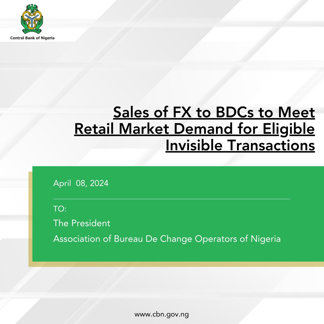 Sales of FX to BDCs to Meet Retail Market Demand for Eligible Invisible Transactions... ow.ly/pgIB50RagKK