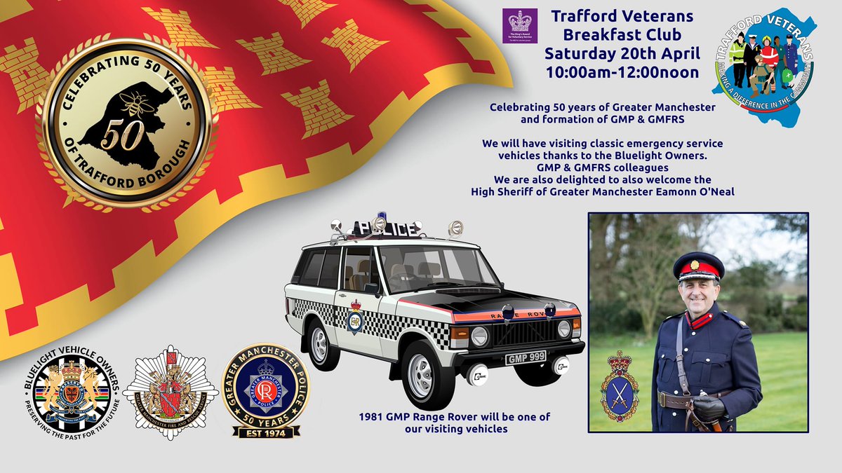 Our next @TraffordVetsUK breakfast Sat 20th April. Why not join us. Celebrating 50 Years of @manchesterfire @gmpolice @TraffordCouncil #veterans #bluelight #Trafford