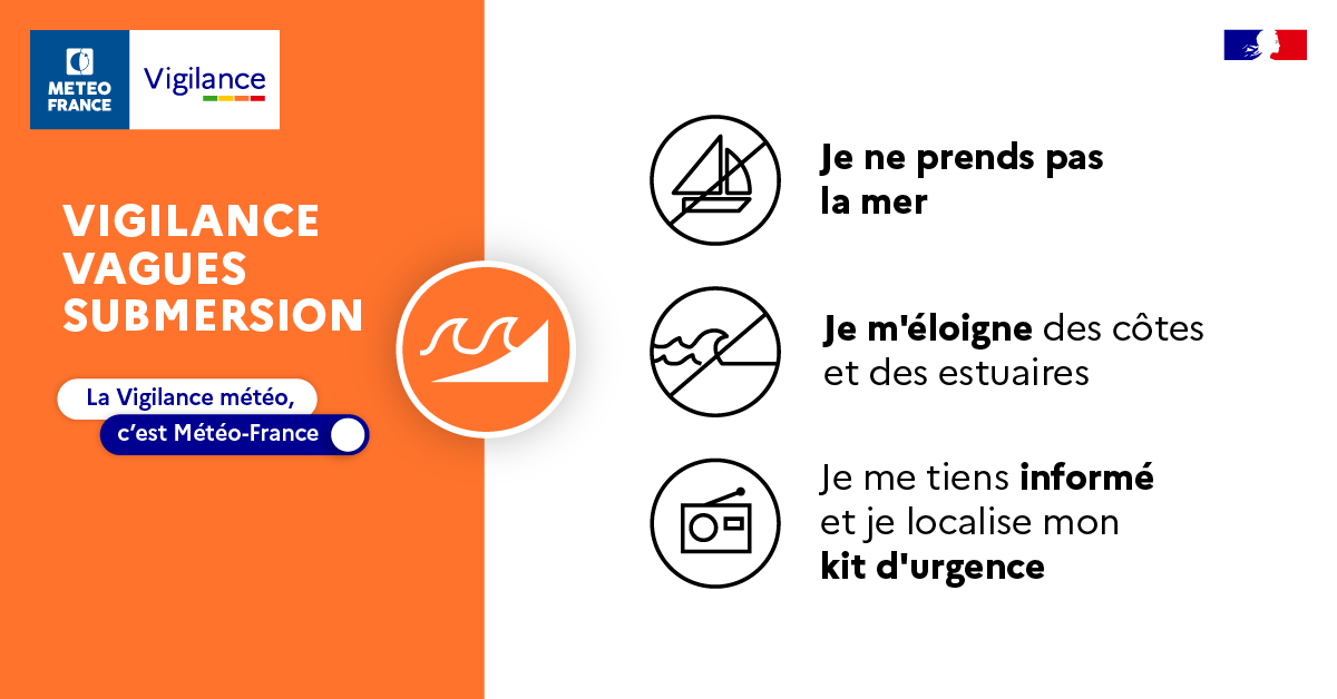 Les grandes marées associées aux fortes vagues peuvent occasionner un risque #VaguesSubmersion 🟠#VigilanceOrange sur le littoral du Finistère à partir de 16h auquel s'ajoute demain à partir de 6h les Côtes-d'Armor, l'Ille-et-Vilaine, l'ouest de la Manche vigilance.meteofrance.fr