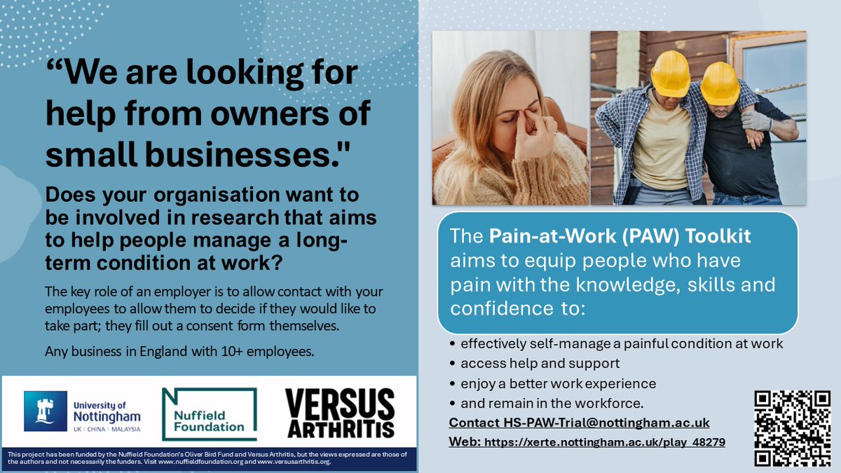 Are you a small business owner in England? We would really like your help with this free research using a web-based toolkit. #EmployeeRetention #workplace #wellbeing HS-PAW-Trial@nottingham.ac.uk. Supported by @VersusArthritis and @NuffieldFound