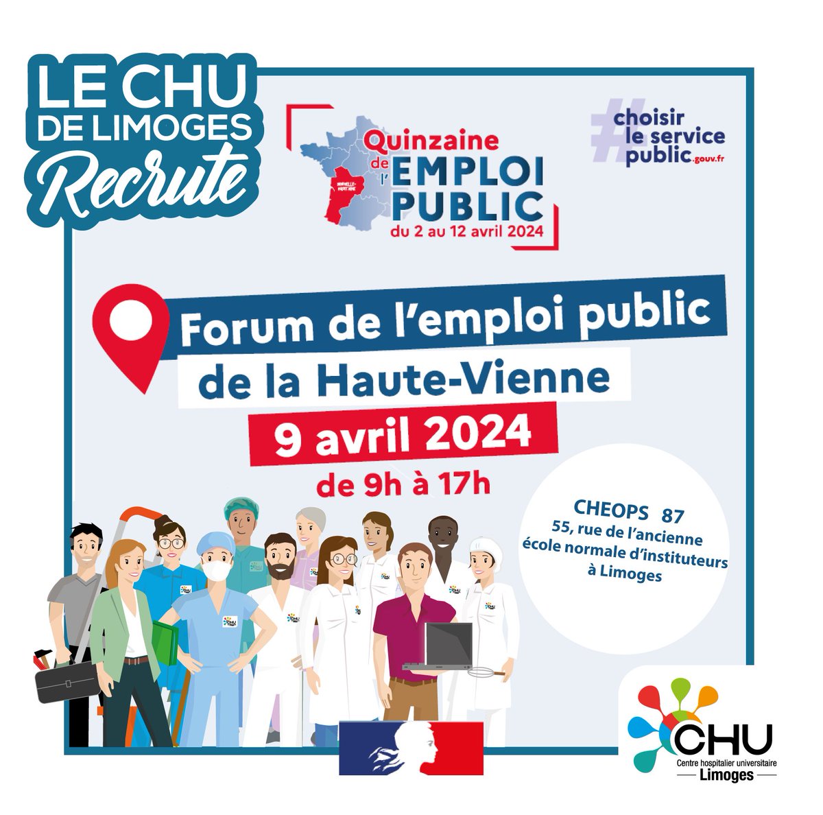 📢 Le #CHUdeLimoges sera présent, demain, au Forum de l’emploi public de la Haute-Vienne ! 🇫🇷 Cet événement réunira les principaux employeurs du secteur public. 🏥 Venez rencontrer l’équipe de la DRHF sur notre stand et posez-nous vos questions. N’oubliez pas votre CV !