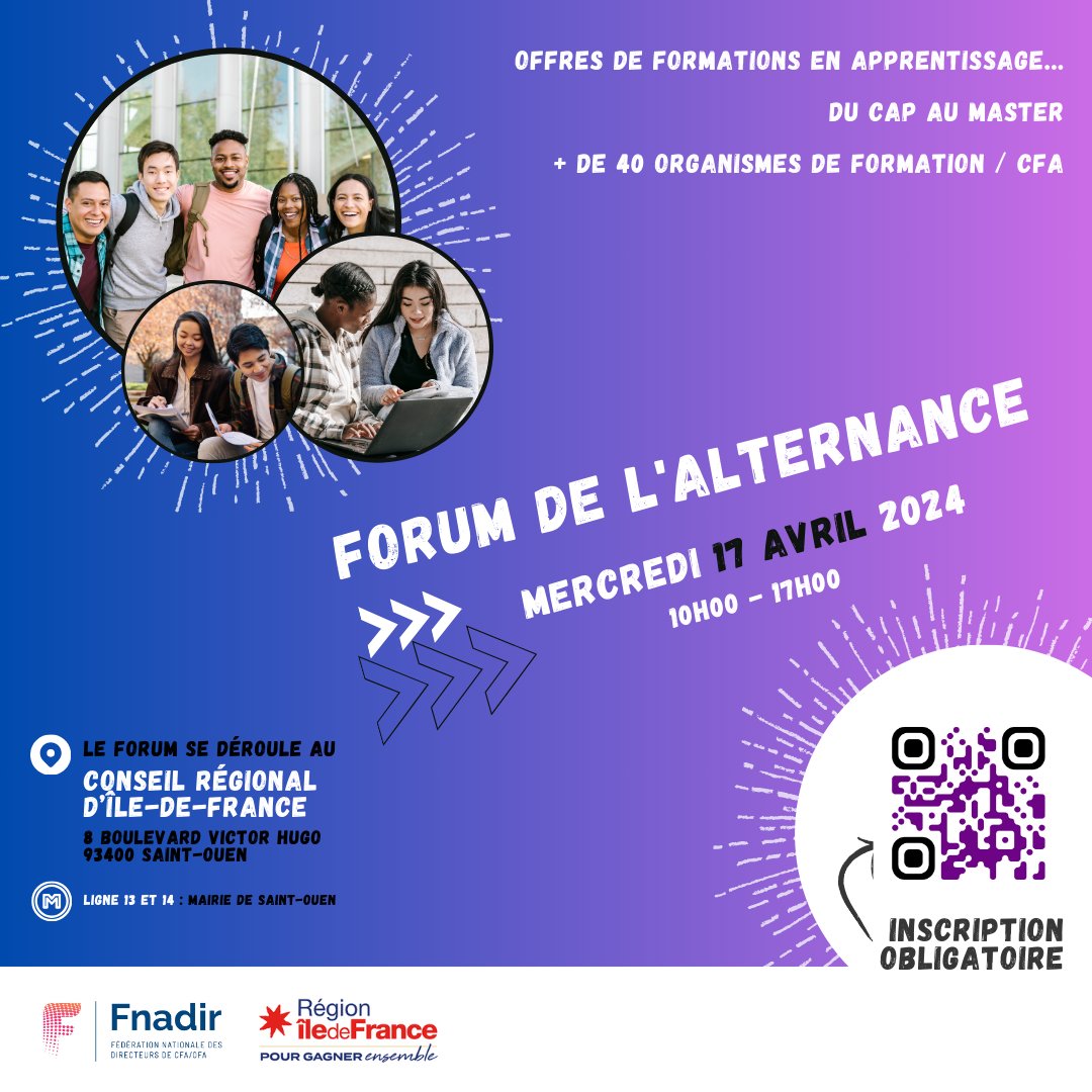 🚀 #SAVETHEDATE Le Forum de l'Alternance le 1️⃣ 7️⃣ / 0⃣4⃣ prochain à <a href="/iledefrance/">Région Île-de-France</a> et trouvez votre #formationpro en #apprentissage parmi nos :
🔥 3️⃣ 0️⃣ 0️⃣ #formations et plus
🔥 Dans ➕de 2️⃣ 0️⃣ domaines d'activités
🔥 Du CAP au Bac+5
👉 Pour vous inscrire : lnkd.in/ePQwTJGQ