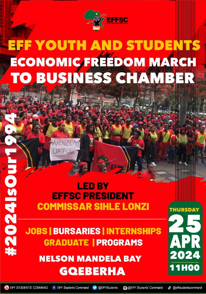 ♦️Media Alert♦️ EFFSC President, Commissar @SihleLonzi, will lead the Youth and Students Economic Freedom March to the Business Chamber in demand for; JOBS, BURSARIES, INTERNSHIPS and GRADUATE PROGRAMS. #2024IsOur1994 #VoteEFF