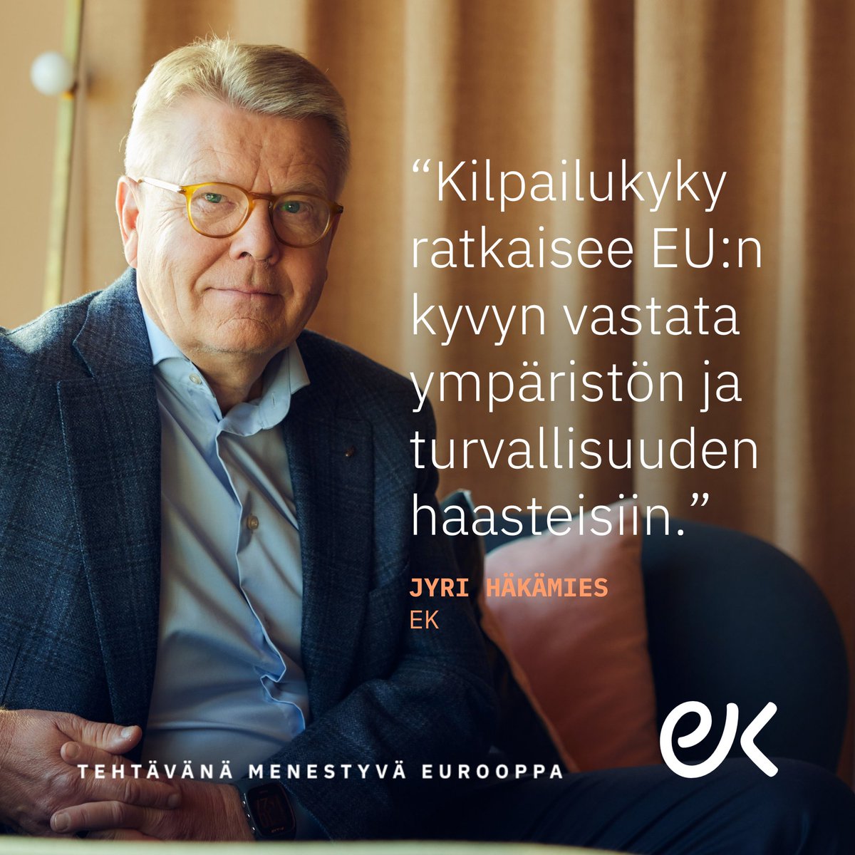 Euroopan on herättävä kilpailuky­ky­haas­teeseen. Kilpailukyvyn varassa ratkeaa myös Euroopan kyky vastata ympäristön, turvallisuuden ja kansalaisten hyvinvoinnin tarpeisiin, korostaa @jyrihakamies. EK:n viestit EU-vaaleihin 👉 ek.fi/ajankohtaista/… #EUvaalit