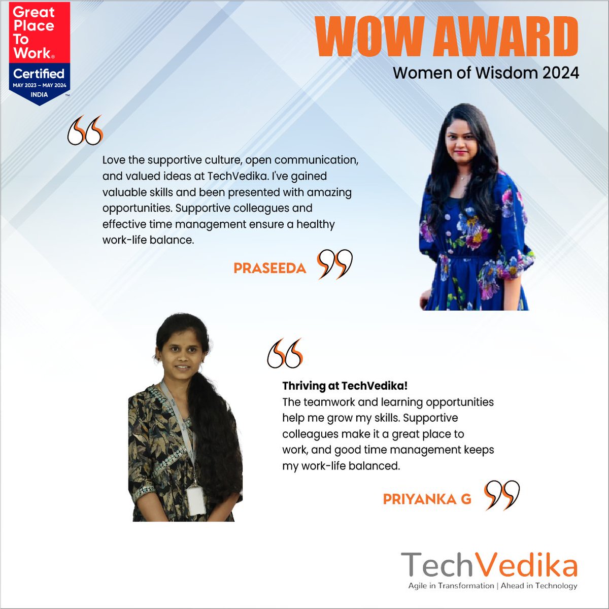 TechVedika's tweet image. ⭐Congratulations, Praseeda &amp;amp; Priyanka
This year&apos;s team awards celebrated those who wowed clients with outstanding performance and dedication. Their exceptional work ethic and seamless teamwork make them a true asset to our company. 
#employeerecognition #teamplayer #gptw