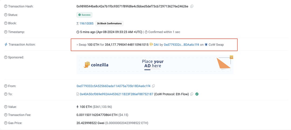 PeckShieldAlert's tweet photo. #PeckShieldAlert 0xbC9a...fbC3 (#Ethereum Foundation?) has swapped 100 $ETH for 354K $DAI https://t.co/5DjQNtkVXV