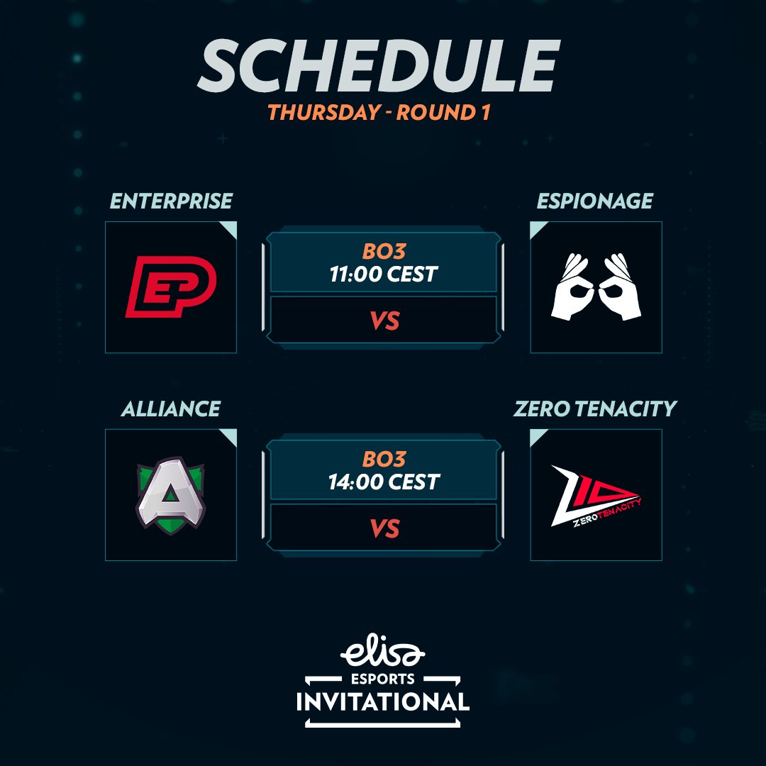 #ElisaInvitational Spring 2024 Main Swiss wraps up Round 1 with today’s must-see matchups 🔥 🕚 11:00 CEST - @enterprise_esp vs. @EspionageCS2 🕑 14:00 CEST - @theAllianceGG vs. @Z10esports Last chance to see Round 1's thrilling battles live: twitch.tv/elisaesports