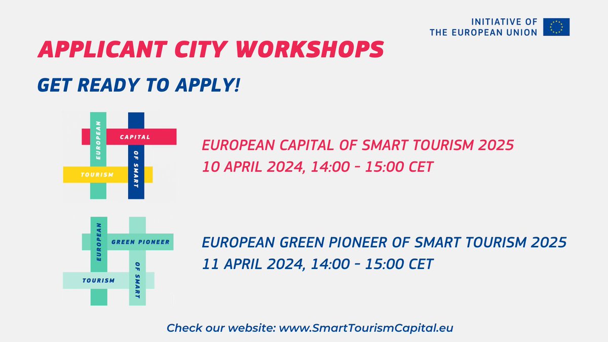 📣 -The 2025 European Capital & Green Pioneer of Smart Tourism applicant city workshops are taking place this week!   

💡 #EUTourismCapital workshop 👉 docs.google.com/forms/d/e/1FAI…

🌱#EUGreenPioneer workshop 👉 forms.gle/oLoGP1YUjTh8rp…