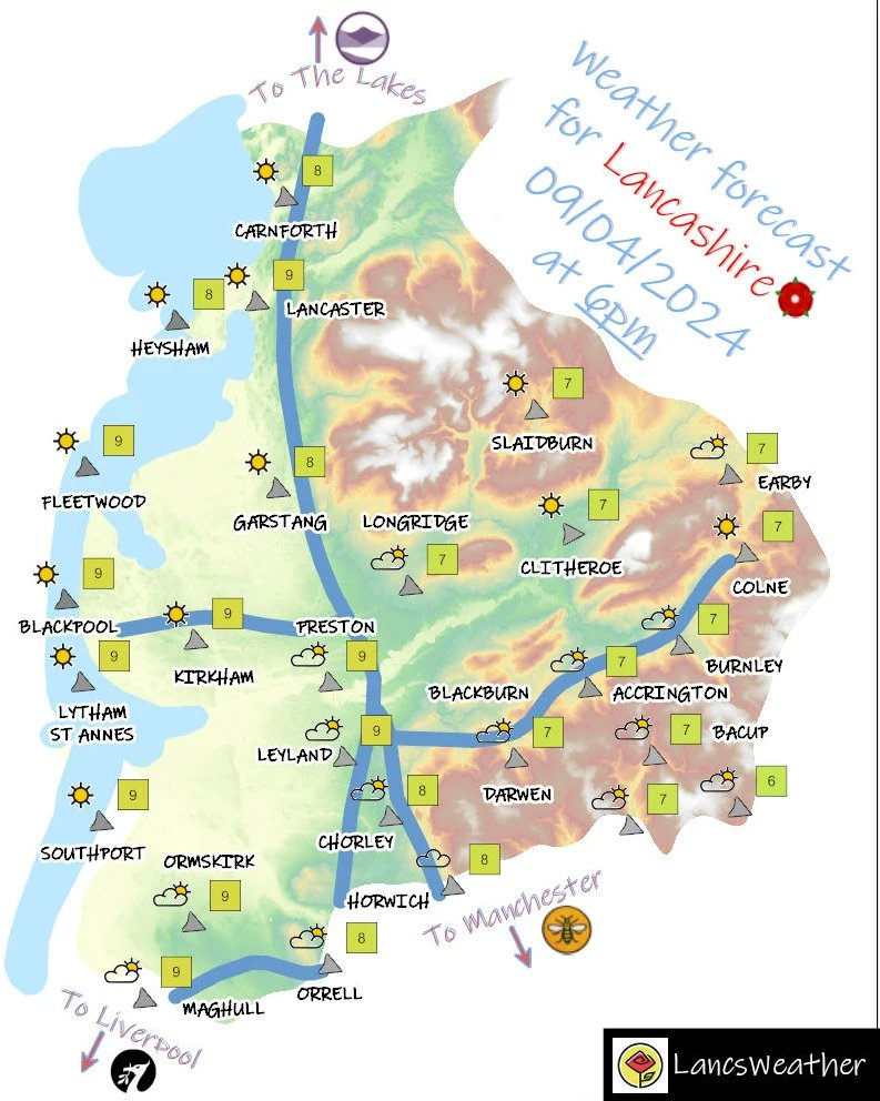Weather forecast for Lancashire tomorrow, 🌧️ Tuesday 🌥️ 9th April 2024 #lancsweather #lancashire #weather #forecast #blackburn #blackpool #burnley #chorley #fylde #hyndburn #lancaster #pendle #preston #ribblevalley #rossendale #southribble #westlancashire #wyre