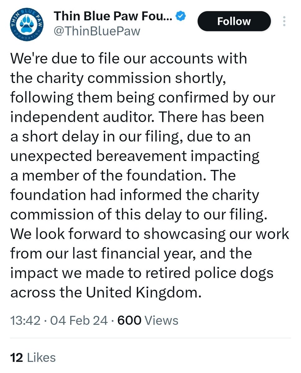 Remember this is the statement #ThinBluePaw issued, explaining the delay in filing their annual accounts. We remind you that their accounts are not audited and the Chair is currently unemployed. It's all just a game to them.