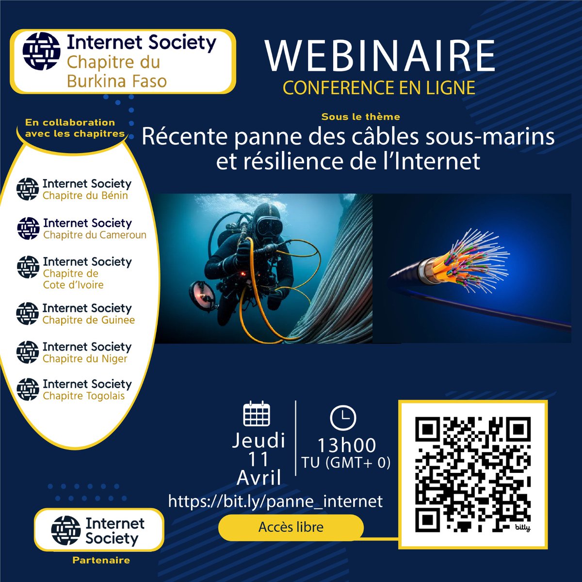 Hello, nous vous invitons à un webinaire sur les impacts de la Récente panne des câbles sous-marins ainsi que des mesures à prendre pour améliorer la résilience de l’Internet. Date : Jeudi 11 Avril à 13:00 TU Lieu : En ligne via Zoom Inscription : bit.ly/panne_internet