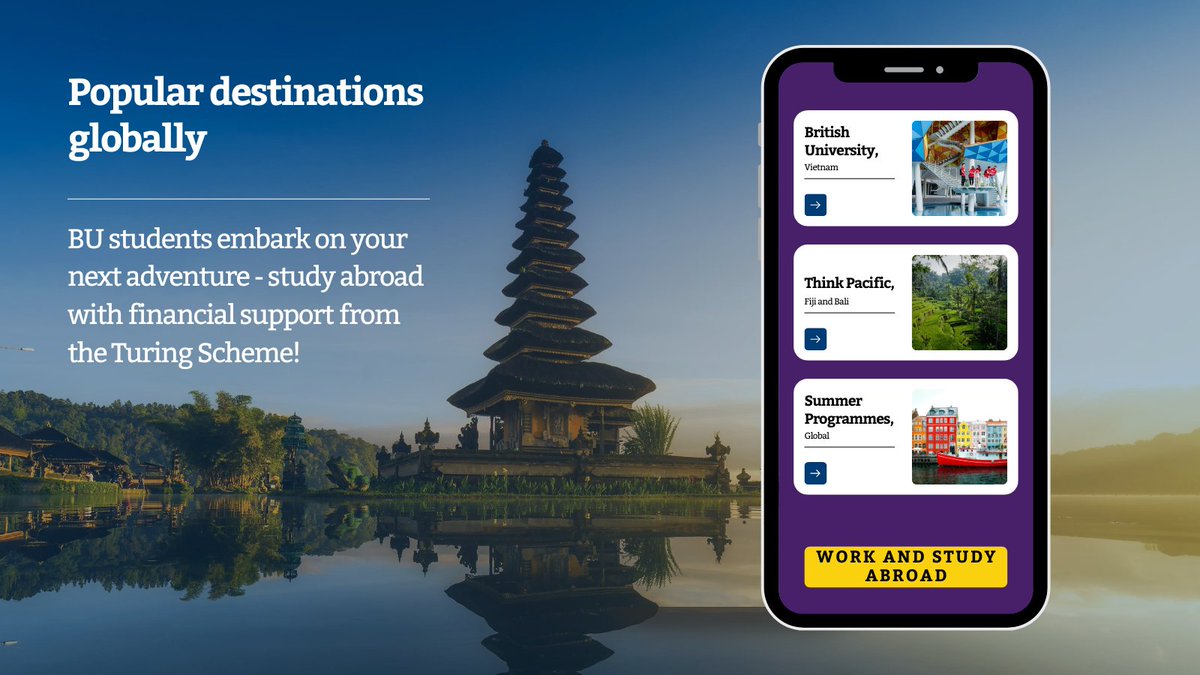bournemouthuni's tweet photo. Turing Scheme funding 2023/2024 - you’re eligible for a grant to support your living expenses abroad if you participate in our study exchange, work overseas, or international programmes. https://t.co/k2qH1DLvc4
#GlobalBU https://t.co/aBHx8t9l8b