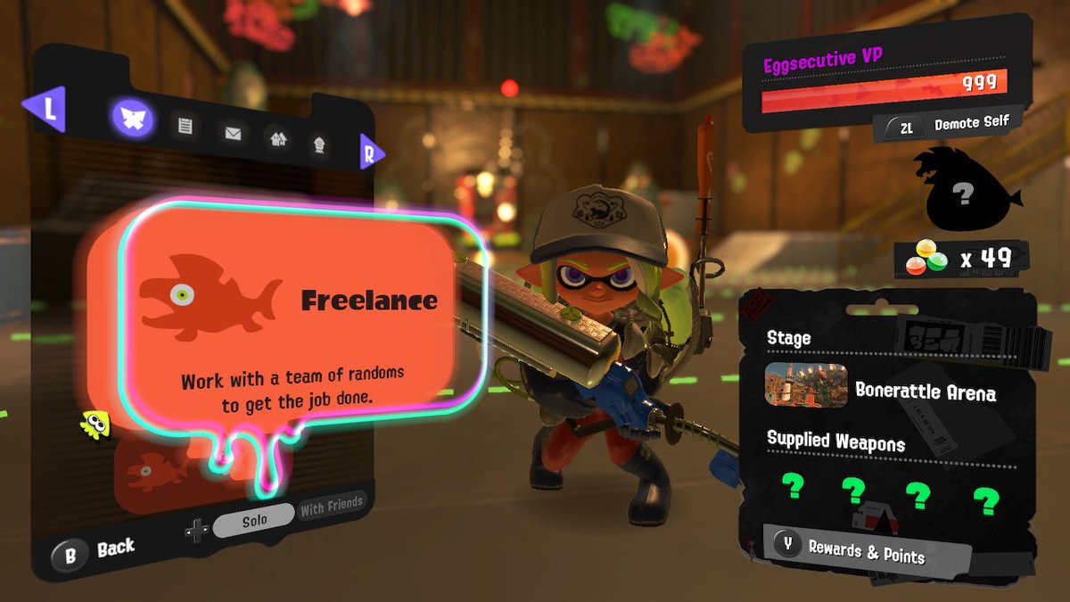 bkitten_'s tweet image. My first Freelance to 9s was this weekend at Bonerattle Arena during the wildcard rotation. I enjoyed the variety of weapons & zooming around on the rails. +4 gold scales. Hope everyone had lots of fun too. Booyah! #salmonrun #Splatoon3