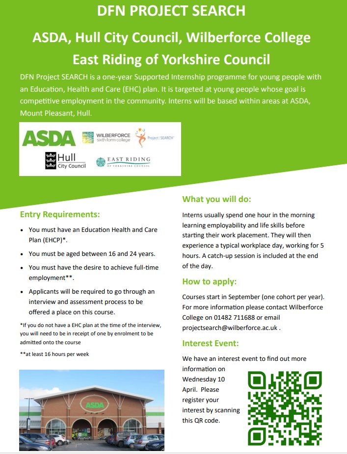 LocalOfferHull's tweet image. DFN Project Search - ASDA
Wednesday 10th April
Asda Mount Pleasant
Either 430-530pm or 6-7pm
Contact the college for more information or scan QR code to book your place.
#SupportedInternships #dfnprojectsearch