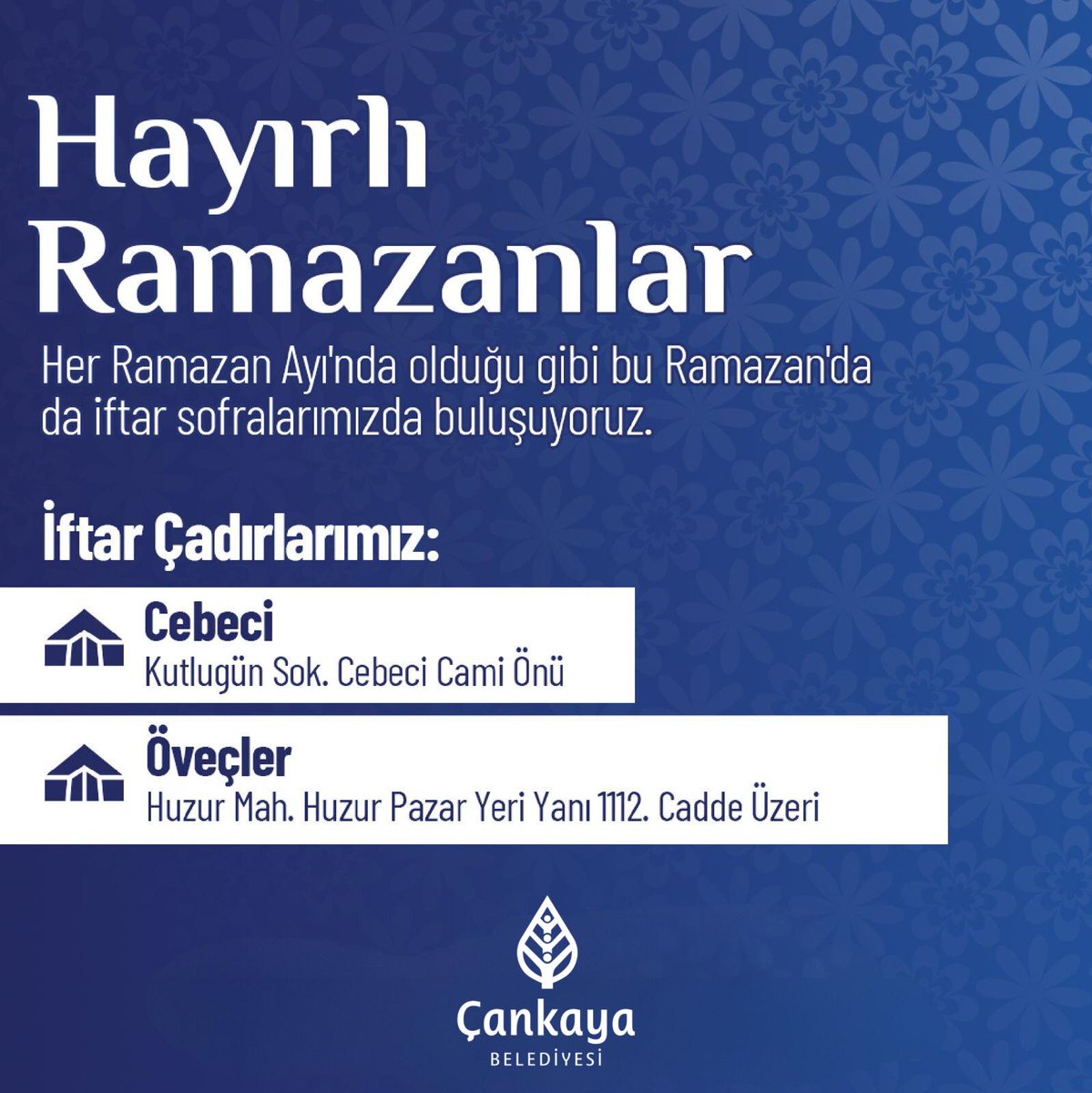 Bu akşam, iftar çadırlarımızda son kez birlikte iftar sofrasına oturacağız. ***İftar çadırlarımız yarın kurulmayacaktır. İftar çadırlarımız; 📍Kutlugün Sokak Cebeci Cami Önü 📍Huzur Mah. Huzur Pazaryeri Yanı 1112. Cd. Üzeri