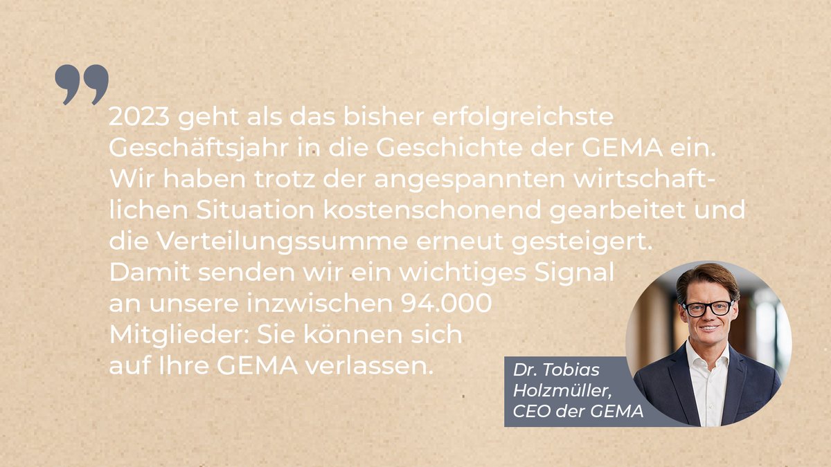 Rekord im Geschäftsbericht 2023: wir übertreffen mit Erträgen und Tantiemen erneut eine Milliarde! Hier CEO Dr. Tobias Holzmüller im Wortlaut. gema.de/de/die-gema/pu…