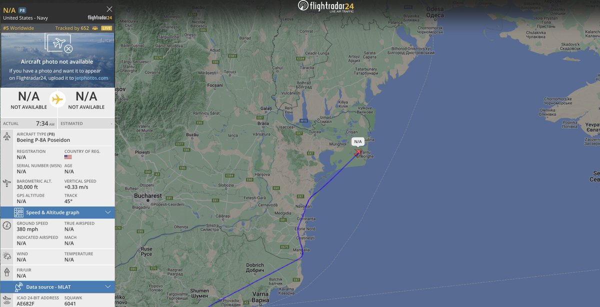 alternativewip's tweet photo. #USNavy P-8A poseidon on the flight radar, aircraft completing laps at the romanian coastline with the black sea, flight departure from sigonella naval station italy. #AE682F https://t.co/xkWfS8rRZT
