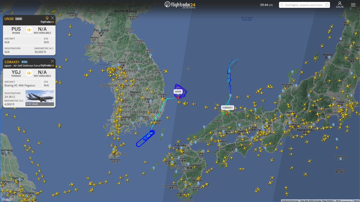 Apr. 8, 2024
#Gimhae Air Base, Busan #South Sea #East Sea
#UN30 #71F573 ROKAF KC-330 Cygnus

#Miho Air Base, Yonago #Sea of Japan
#CORAX51 #87CD02 JASDF KC-46A Pegasus